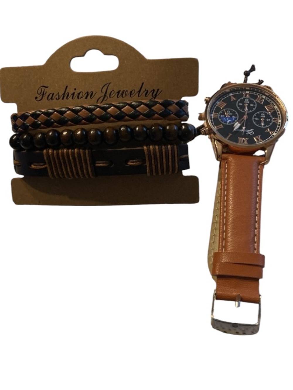 Men Round Pointer Quartz Watch & 3pcs Bracelet beautiful new brown - Picture 4 of 16